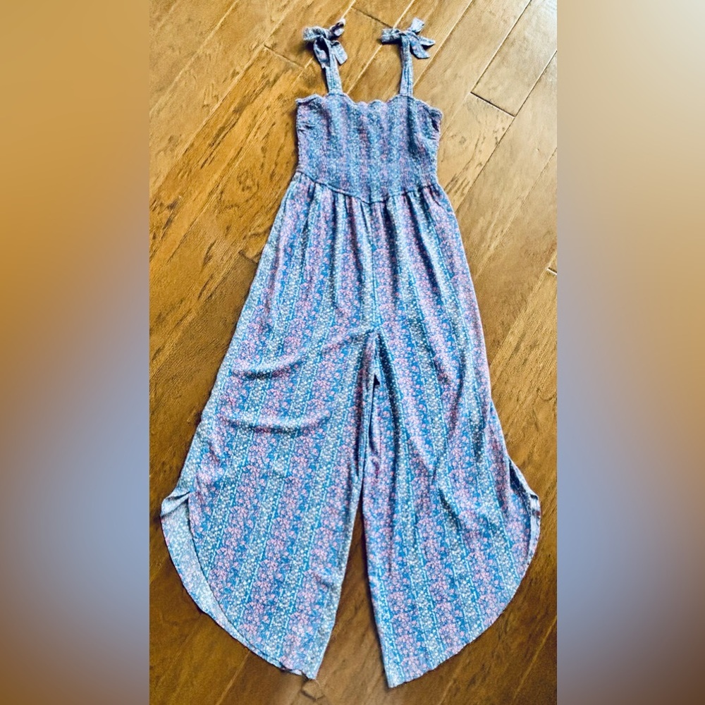 Japna Blue & Pink Floral Smocked Jumpsuit with Tie Straps